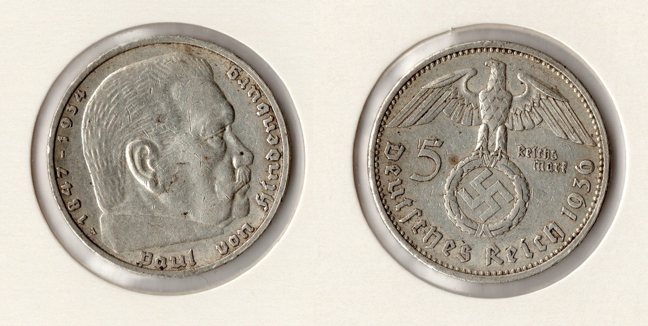  III. Reich 5 Reichsmark 1936 -A- Hindenburg HK* Jaeger 367 .ss-vz Silber   
