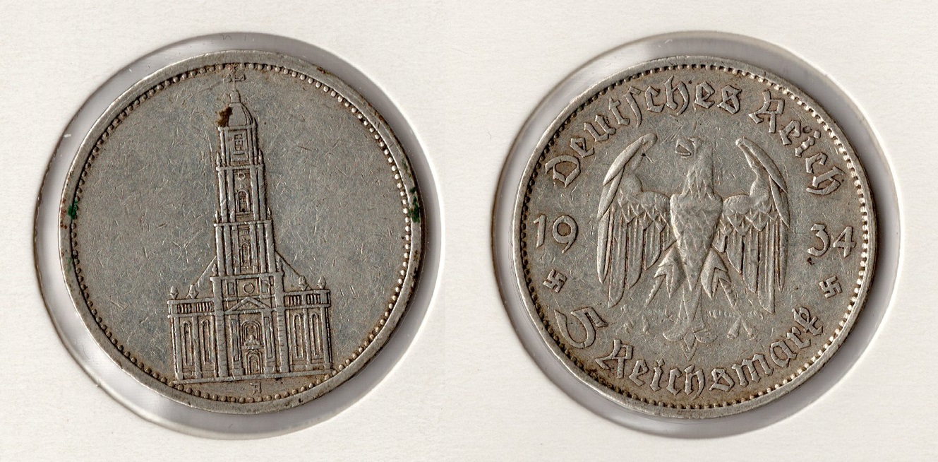  III. Reich 5 Reichsmark 1934 -A- Garnisonskirche Jaeger 357. Silber   