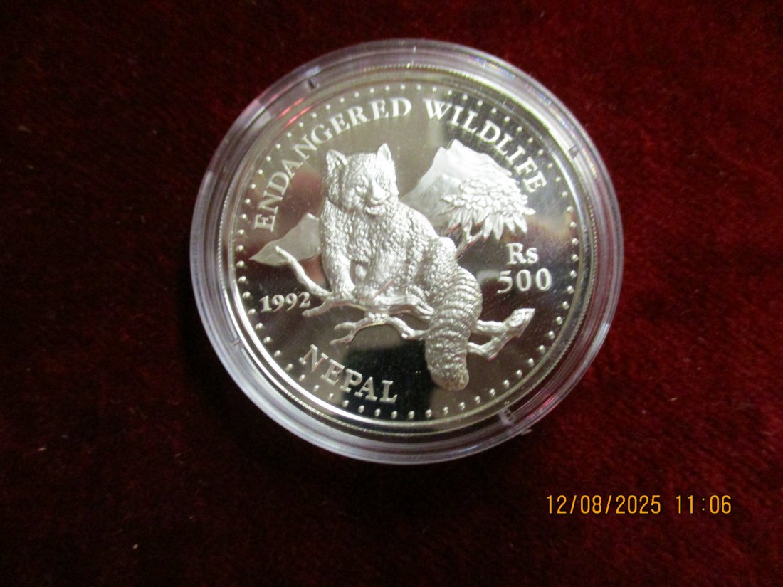  Nepal 500 Rupees 1992 - Bedrohte Tierwelt Roter Panda - 925er Silber PP- 31,47g rau   