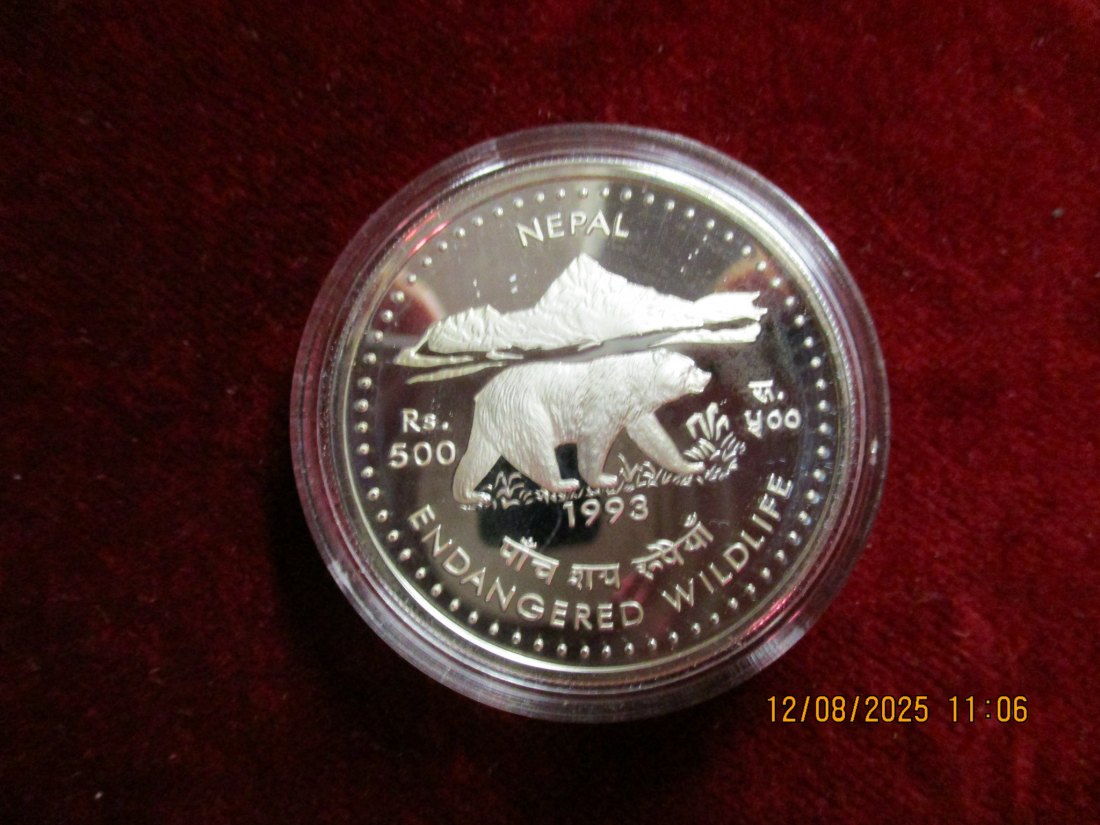  Nepal 500 Rupees 1993 Gefährdete Tierwelt - Tiger - 925er Silber PP- 31,47g rau   
