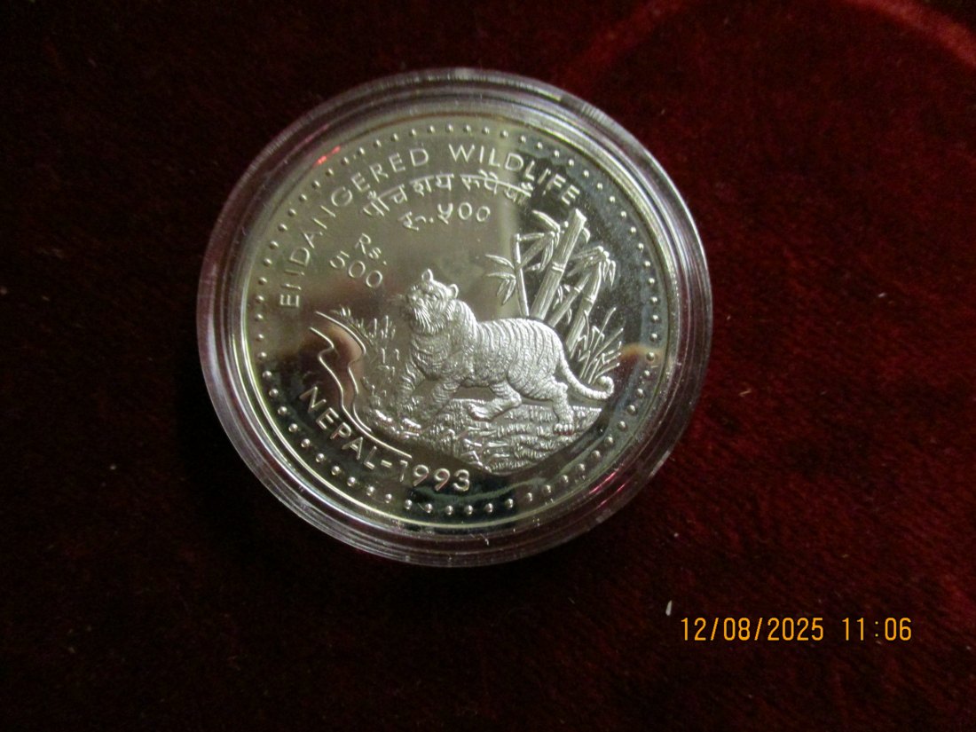  Nepal 500 Rupees 1993 Gefährdete Tierwelt - Tiger - 925er Silber PP- 31,47g rau   