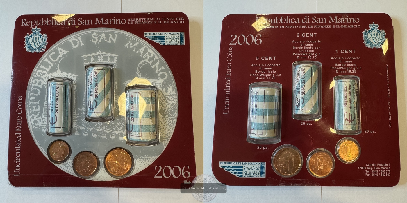  San Marino 1, 2 & 5 Cents 2006 davon jeweils 21 Stk. FM-Frankfurt Gesamtnominal: 1.68 €   