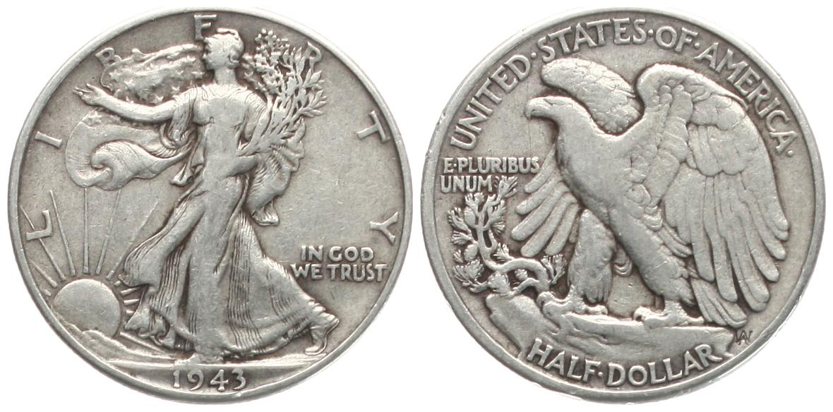  USA: Half Dollar 1943, Walking Liberty, 12,5 gr. 900er Silber, 11,25 fein! ERHALTUNG, siehe Bilder!   