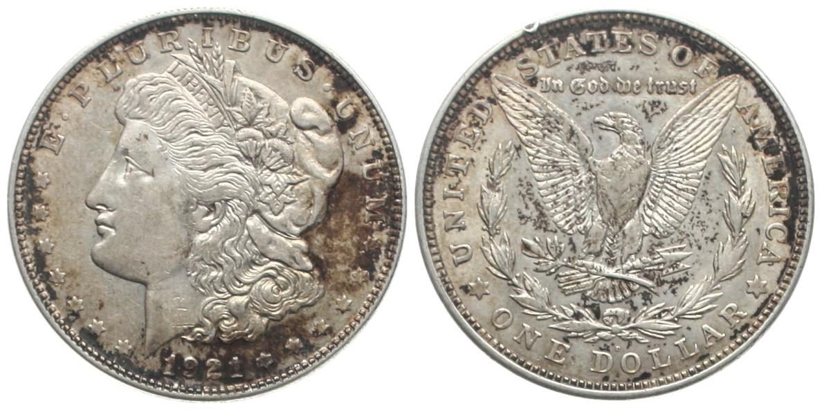  USA: 1 Dollar 1921 D, Morgan Typ, Silber, näheres siehe unten, mit schöner Silberpatina!   