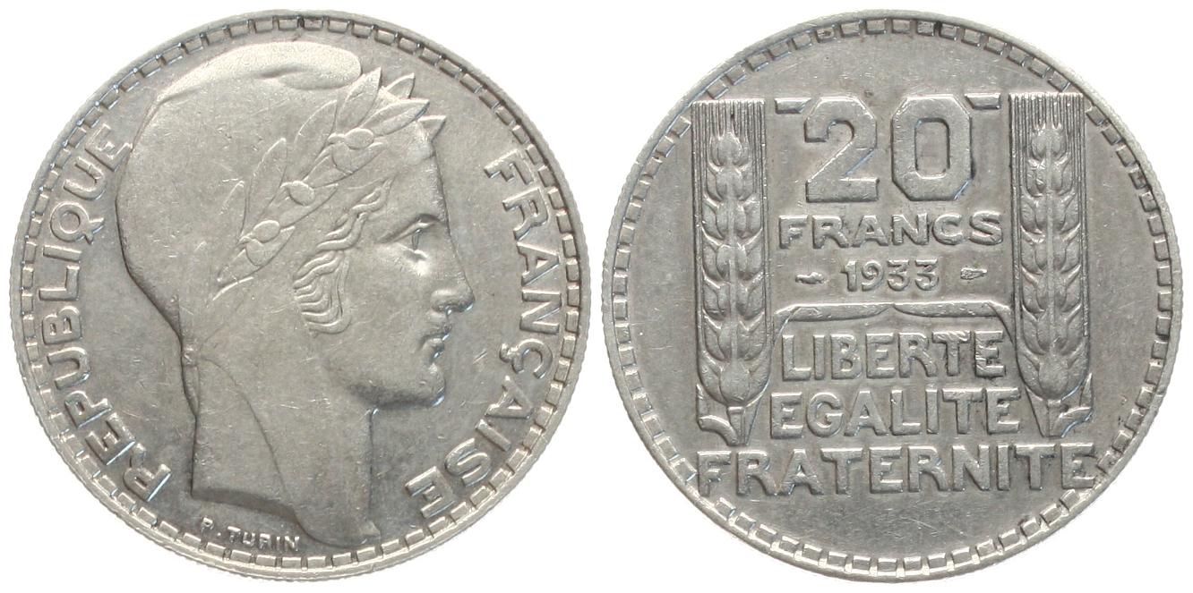  Frankreich 20 Francs 1933 Turin-Typ, näheres unten!   