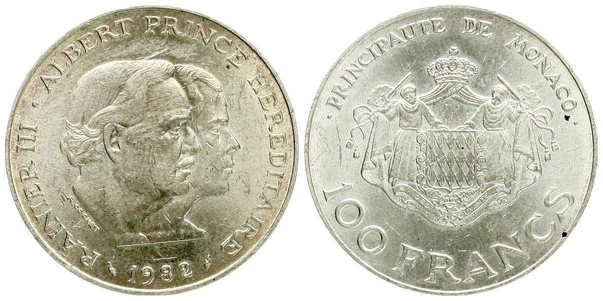  Monaco: Rainer III., 100 Francs 1982, Silber, seltener!   