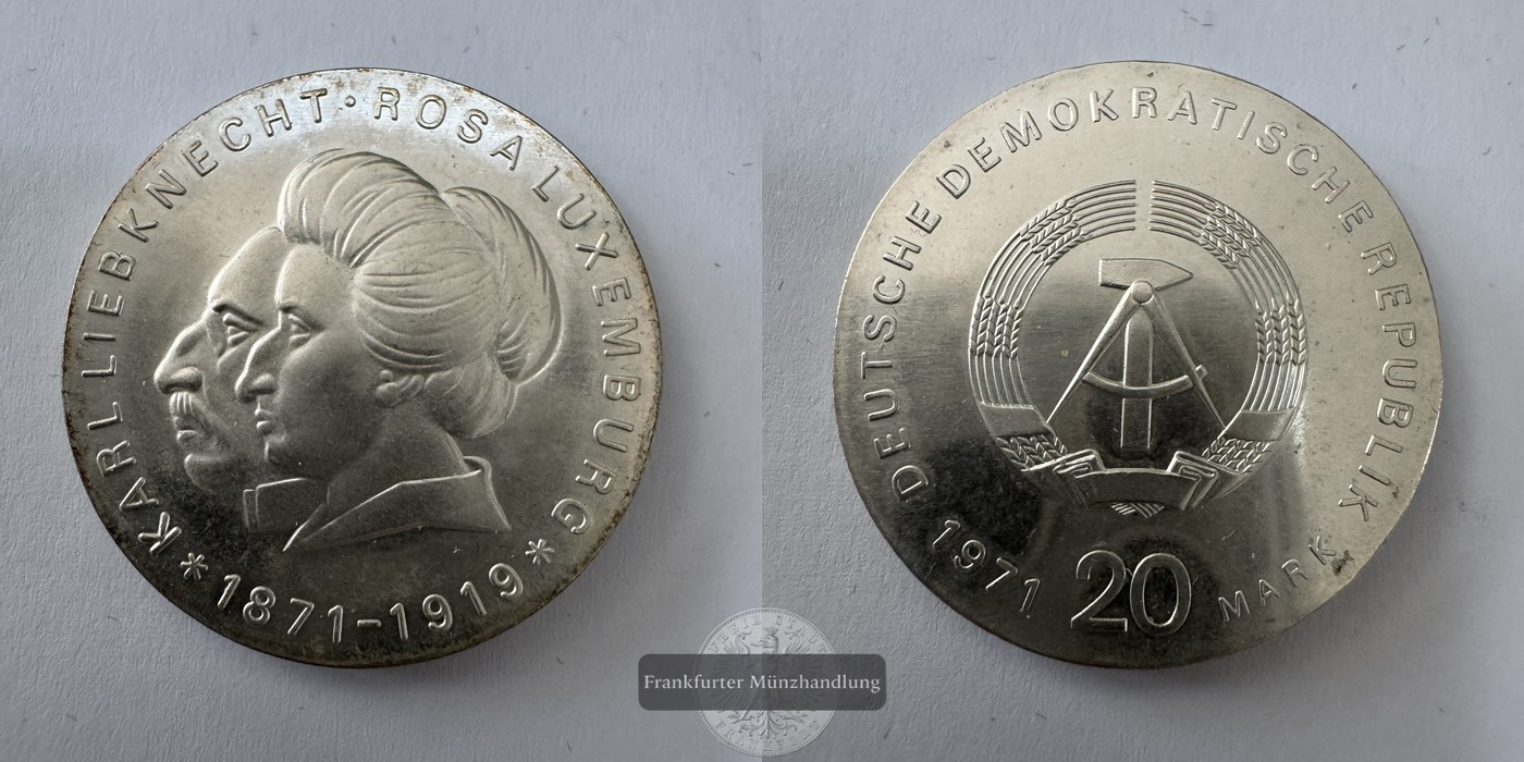  DDR 20 Mark (Karl Liebknecht and Rosa Luxemburg) 1971 FM-Frankfurt KM#32 Feinsilber: 13,06g   