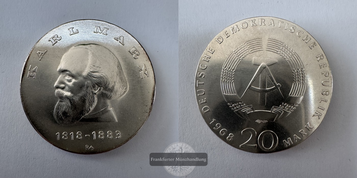  DDR 20 Mark (Karl Marx) 1968 FM-Frankfurt KM#21 Feinsilber: 16,72g   