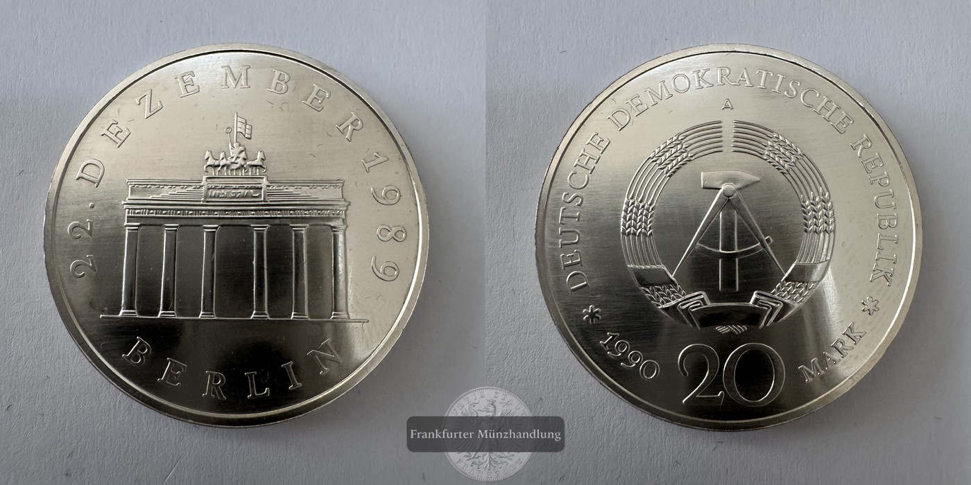  DDR 20 Mark Brandenburg Gate 1990 FM-Frankfurt KM#139a Feinsilber: 18,2g   