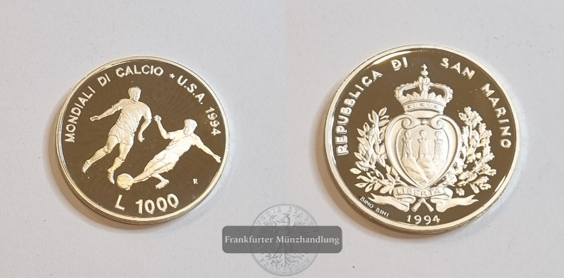  San Marino 1994 1000 Lire Fußball WM FM-Frankfurt Feinsilber: 12,2g   