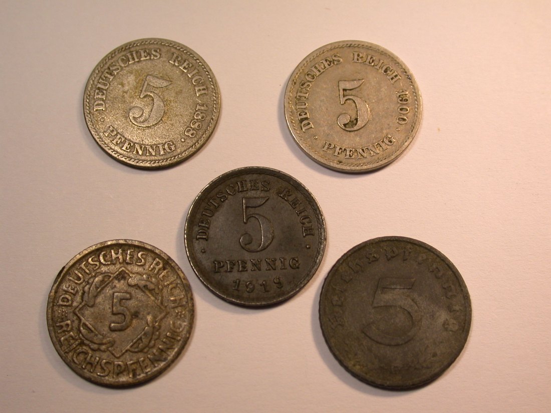  J27  KR  5 Pfennig 1888-1942  5 Stück verschieden  Originalbilder   