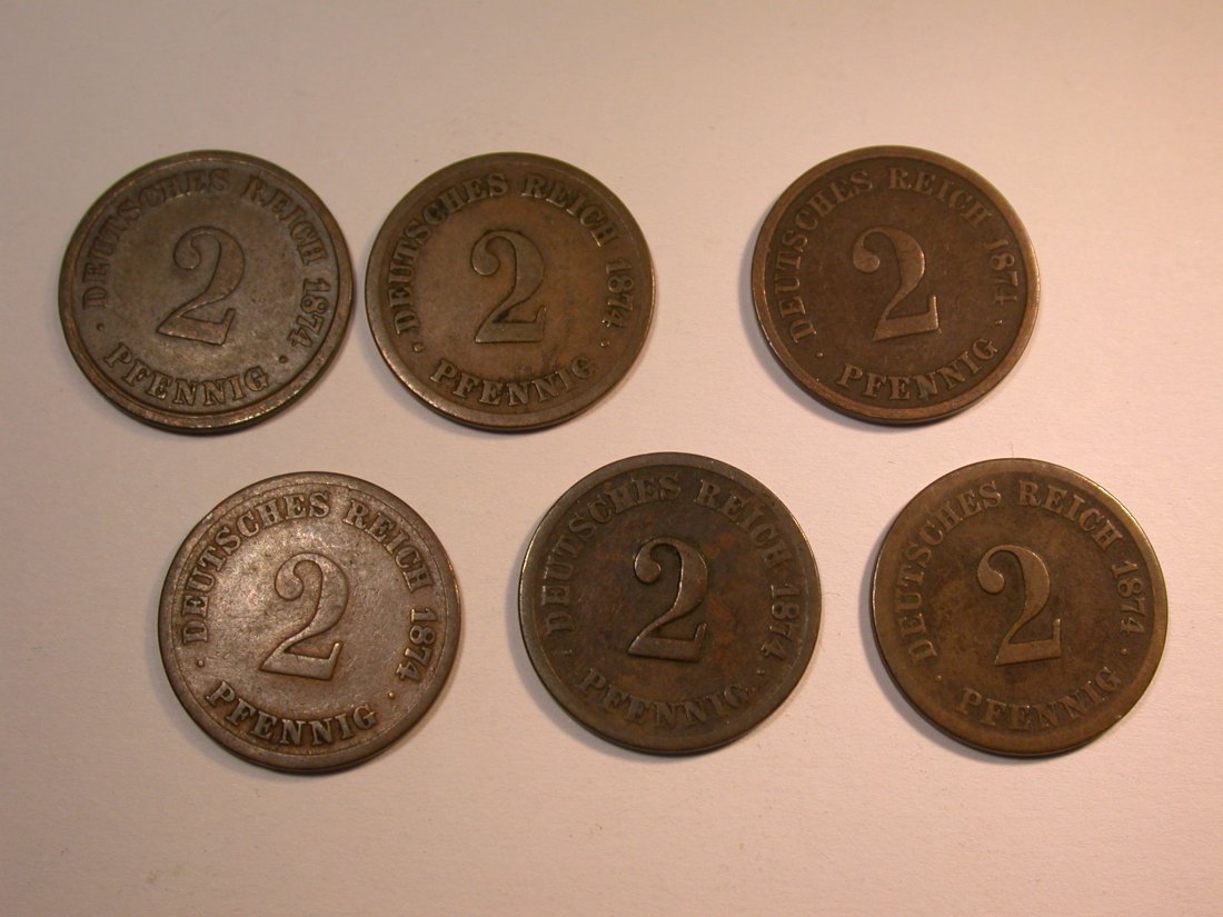  J27 KR  2 Pfennig 1874 A,B,D,E,F und G  6 Münzen  Originalbilder   