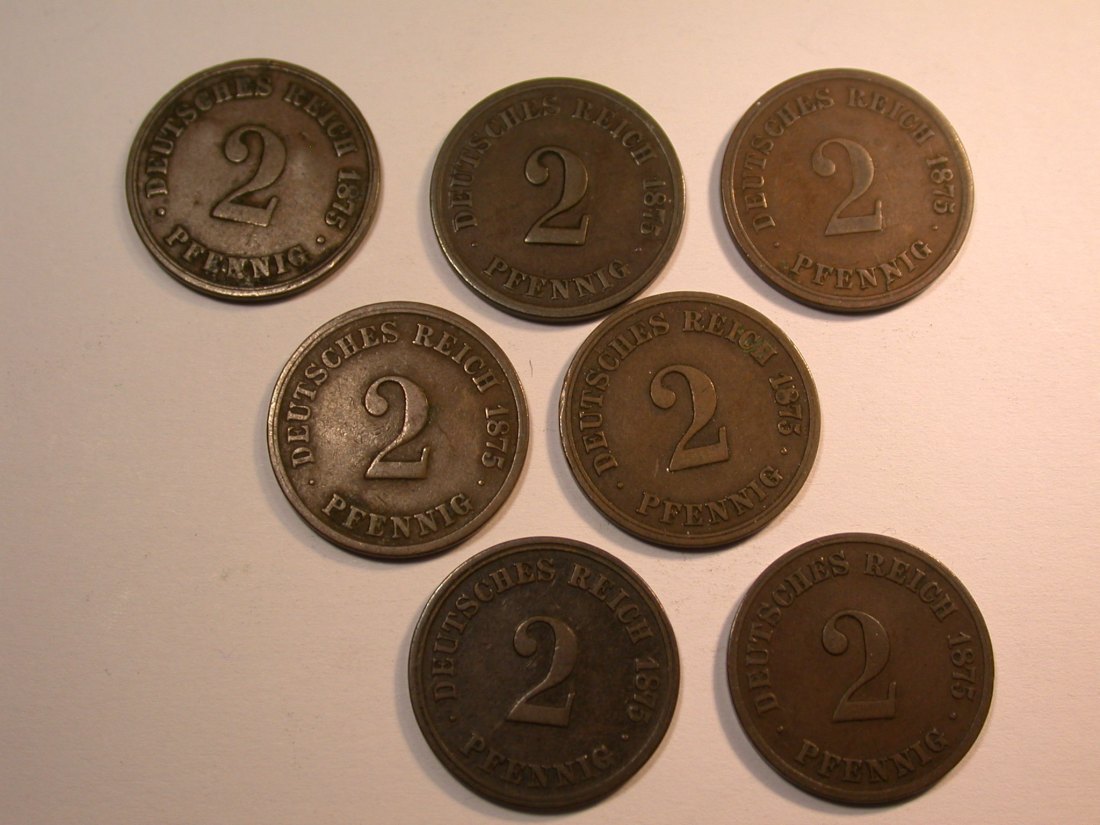  J27 KR  2 Pfennig 1875 A,B,C,D,F,G und J  7 Münzen  Originalbilder   