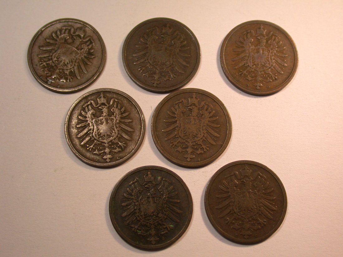  J27 KR  2 Pfennig 1875 A,B,C,D,F,G und J  7 Münzen  Originalbilder   