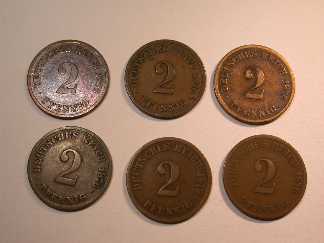  J27 KR  2 Pfennig 1876 A,B,C,E,F und G  6 Münzen  Originalbilder   