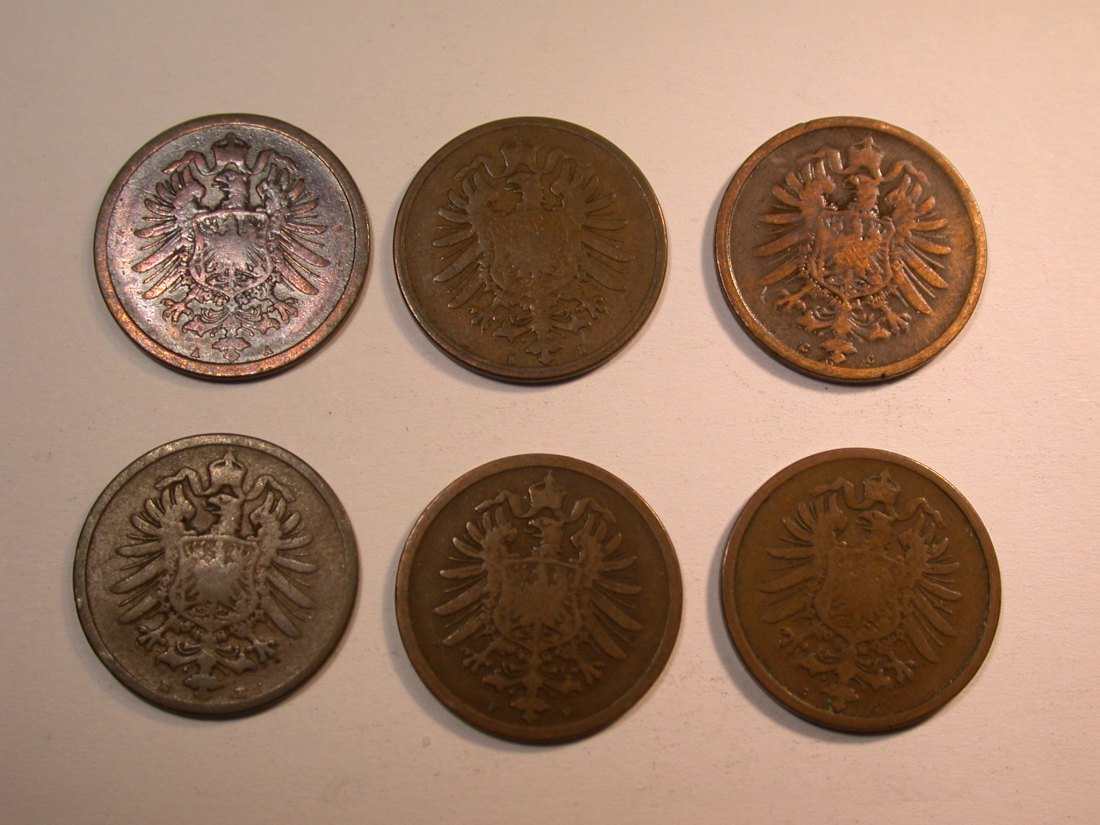  J27 KR  2 Pfennig 1876 A,B,C,E,F und G  6 Münzen  Originalbilder   