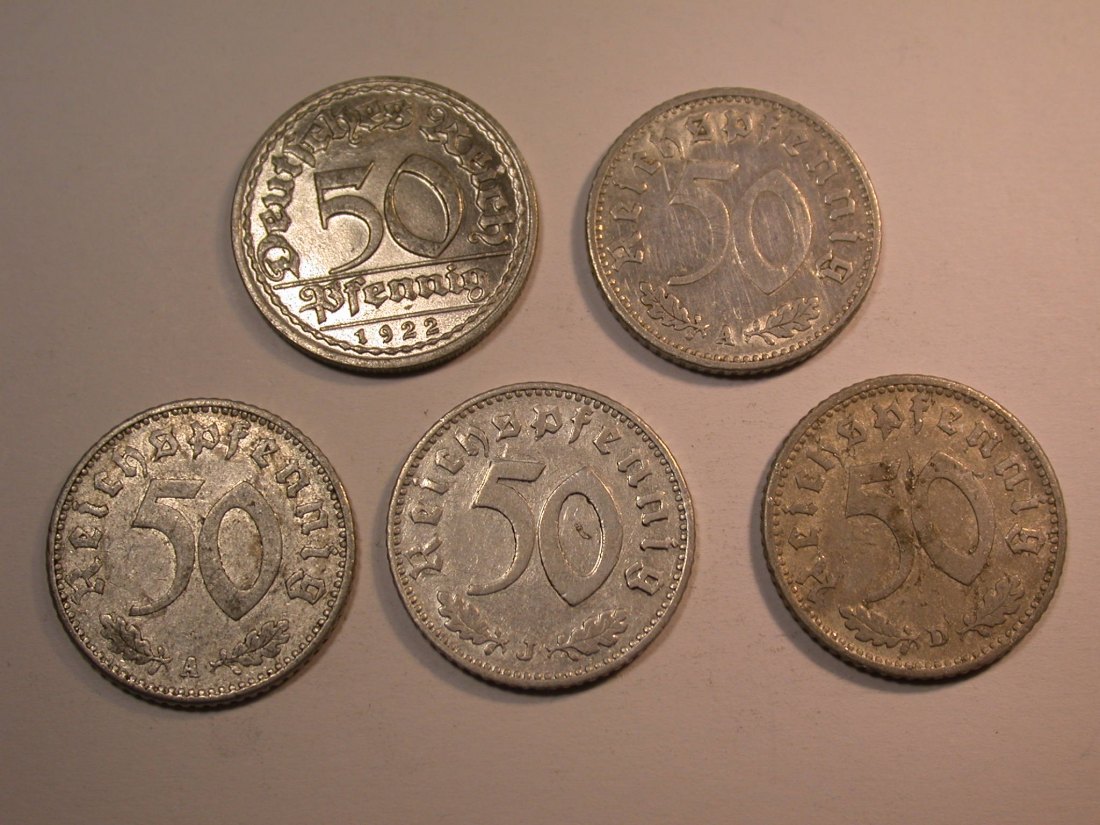  J27 Weimar/3.R.  50 Pfennig 1922-1943  5 Münzen Originalbilder   