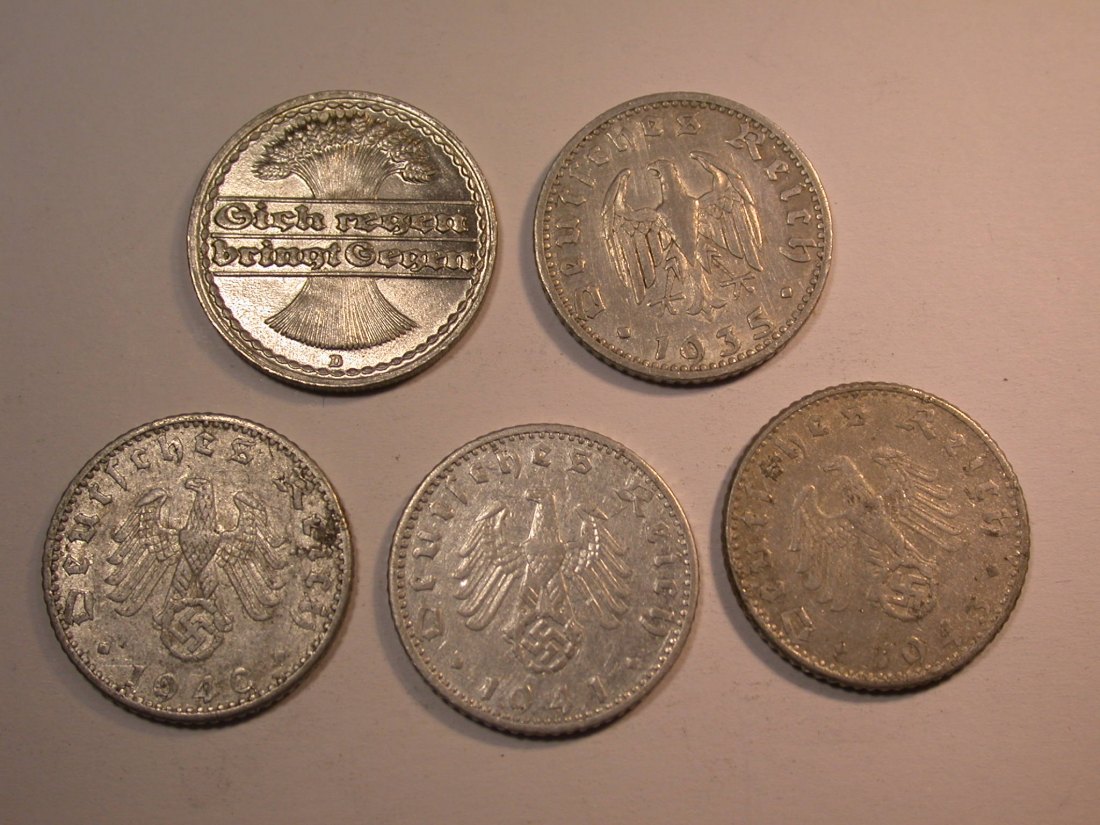  J27 Weimar/3.R.  50 Pfennig 1922-1943  5 Münzen Originalbilder   