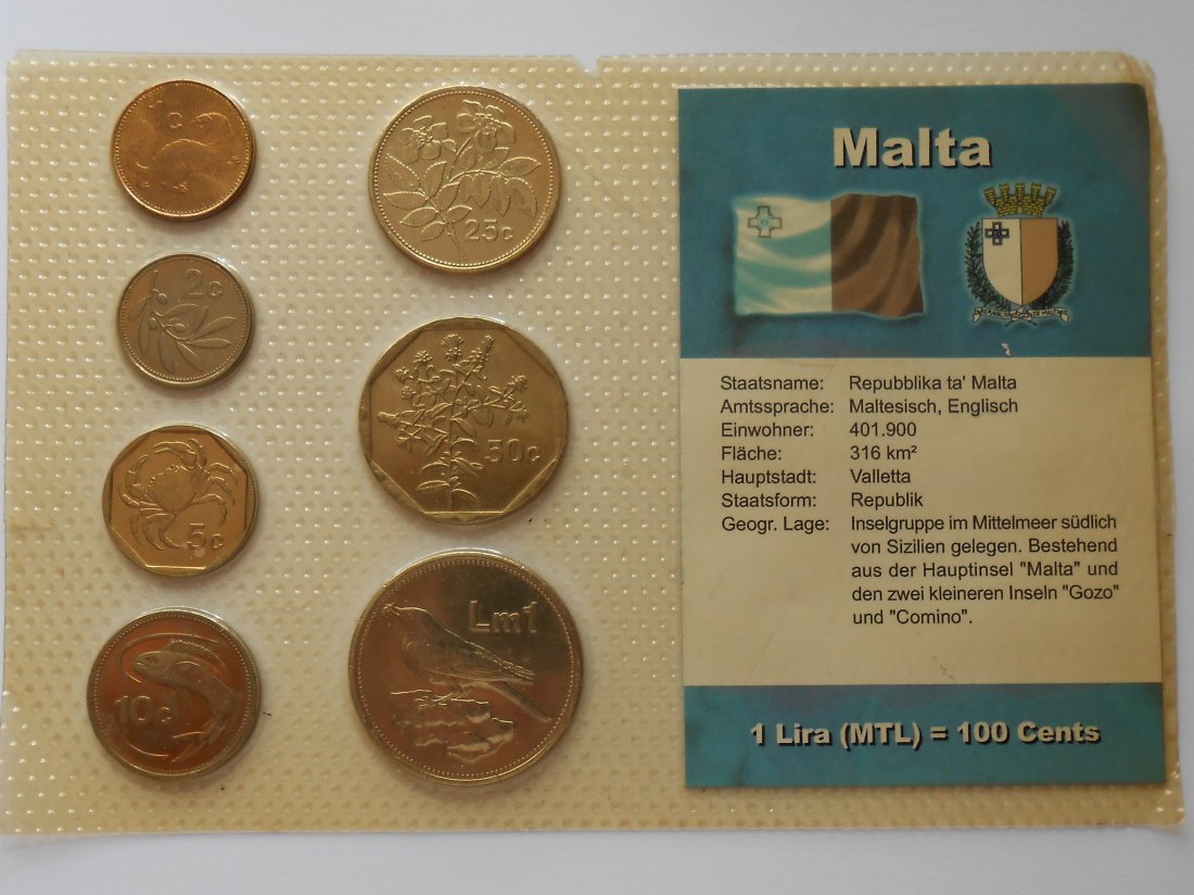  Republik Malta Kursmünzen 1 2 5 10 25 50 Cent und 1 Lira verschiedene Jahrgänge 2001-2005   