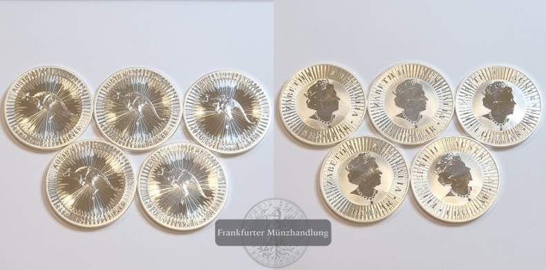  Australien 2020 1 Dolllar Känguru (5 Münzen LOT) FM-Frankfurt Feinsilber: 155g   