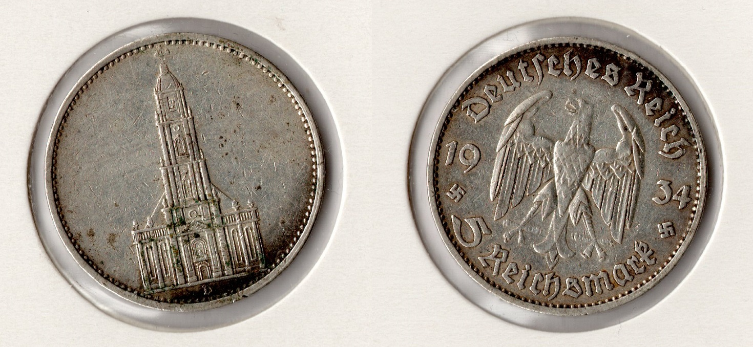  III. Reich 5 Reichsmark 1934 -D- Garnisonskirche Jaeger 357. Silber   
