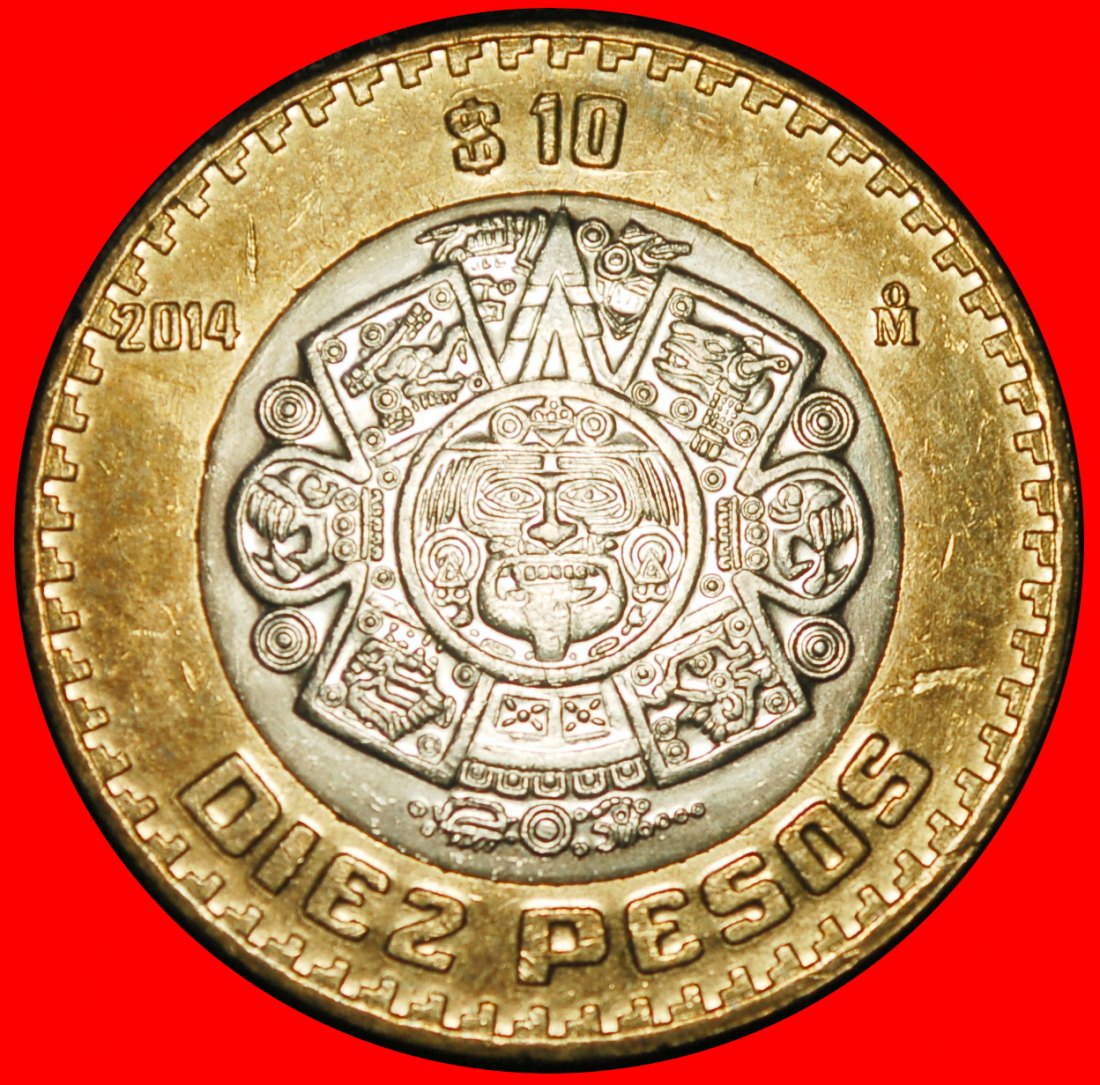  Ⰶ SUN STONE (1992-2025): MEXICO ★ 10 PESOS 2014 FIRE MASK! DIE V! UNC LUSTRE★LOW START ★ NO RESERVE!   