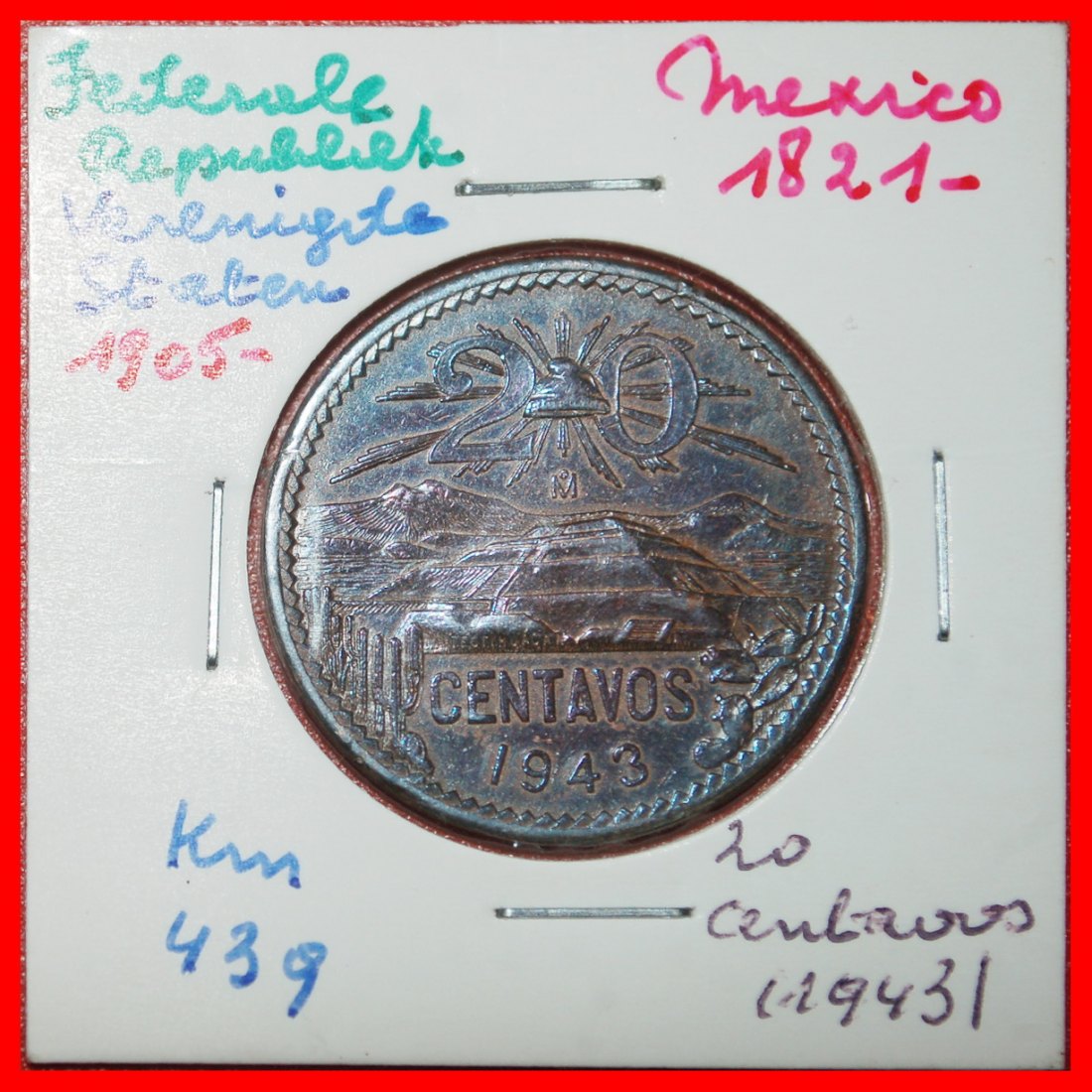  Ⰶ SONNENPYRAMIDE (1943-1974): MEXIKO ★ 20 CENTAVO 1943 ASTRONOMIE! IN PACKUNG! OHNE VORBEHALT!   