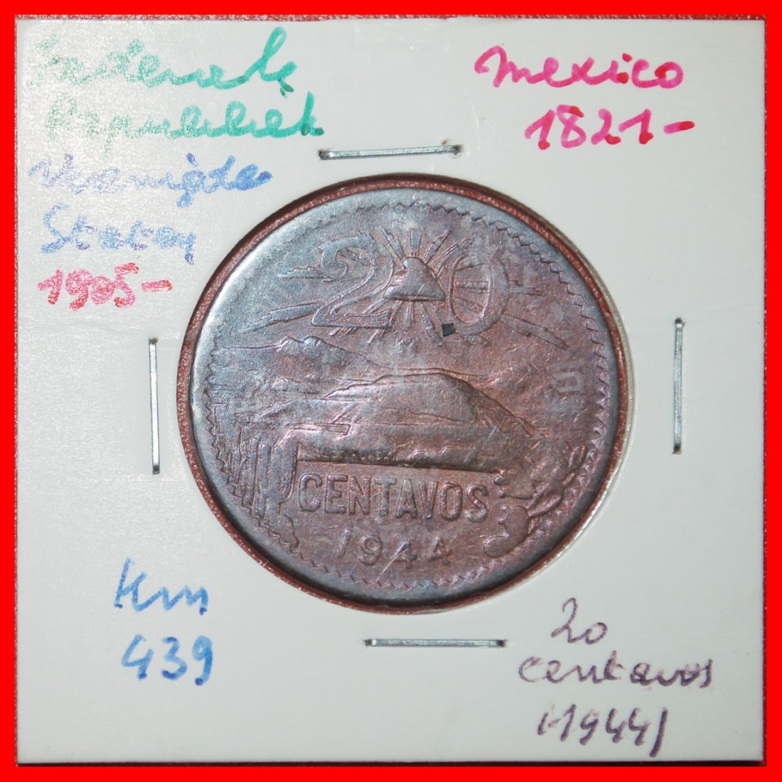  Ⰶ PYRAMID OF THE SUN (1943-1974): MEXICO★ 20 CENTAVOS 1944 ASTRONOMY! HOLDER★LOW START ★ NO RESERVE!   