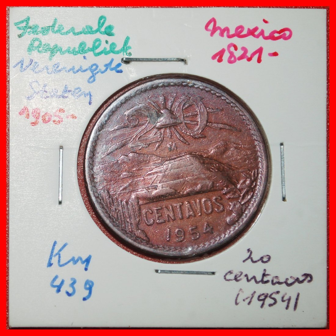  Ⰶ PYRAMID OF THE SUN (1943-1974): MEXICO★ 20 CENTAVOS 1954 ASTRONOMY! HOLDER★LOW START ★ NO RESERVE!   