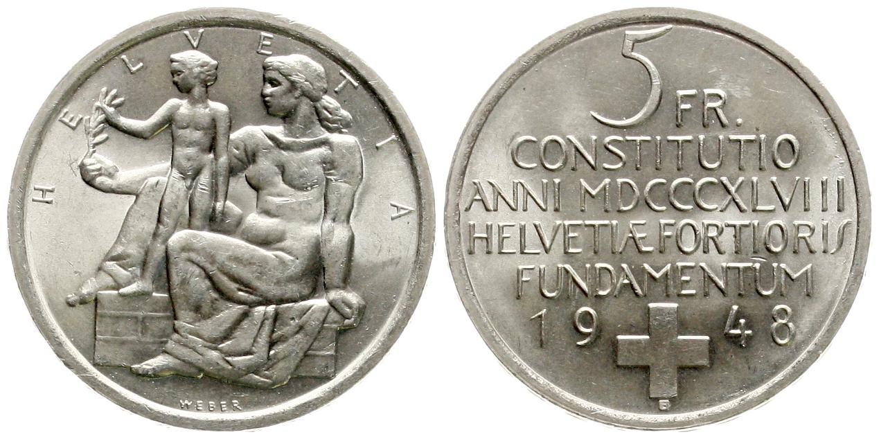  Schweiz: 5 Franken 1948, 100 Jahre Bundesverfassung Helvetia/Schweiz, TOP-ERHALTNG!! siehe unten!   