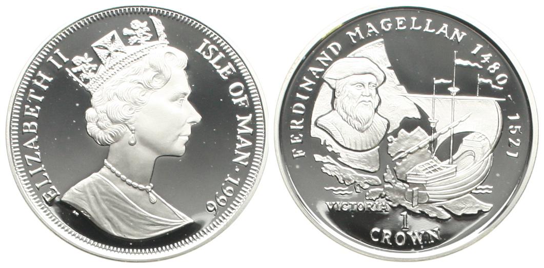  Isle of Man: Elisabeth II., 1 Crown 1996, Fernando Magellan, Silber, näheres unten!   