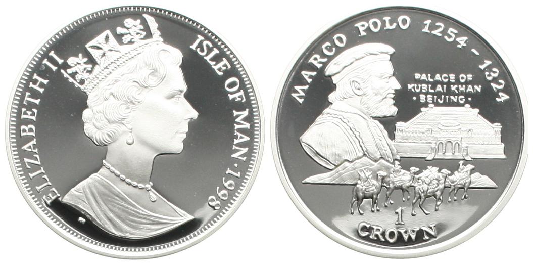  Isle of Man: Elisabeth II., 1 Crown 1998, Marco Polo, Silber, näheres unten!   
