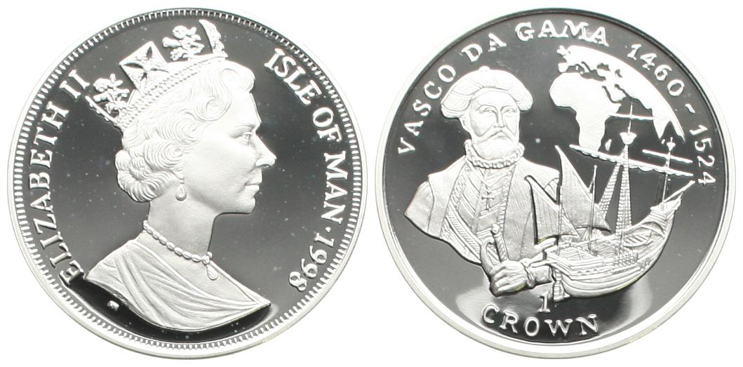  Isle of Man: Elisabeth II., 1 Crown 1998, Vasco da Gama, Silber, näheres unten!   