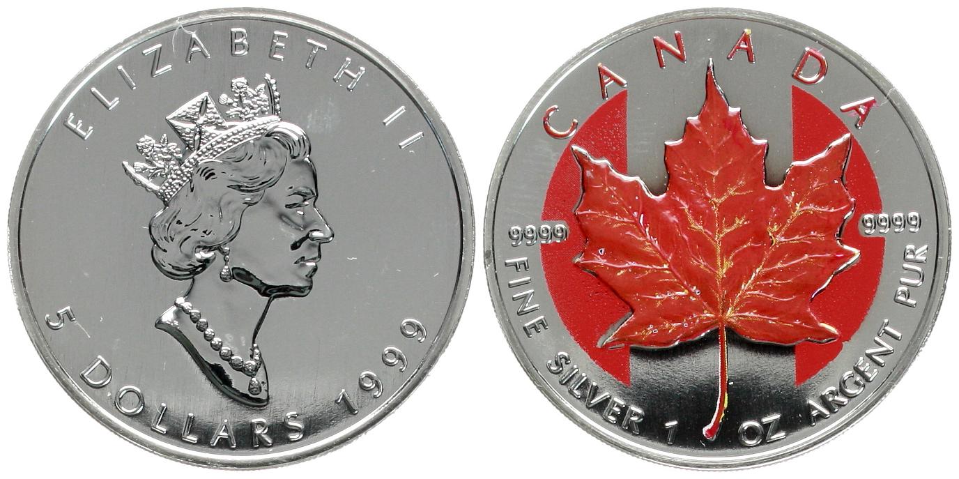  Canada: Elisabeth II., 5 Dollars 1999, mit Farbappliktion, selten, 1 Unze Silber!   