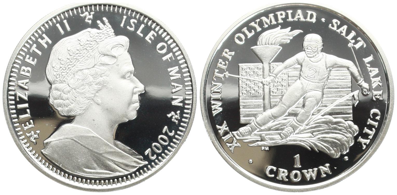  Isle of Man: Elisabeth II., 1 Crown 2001 auf die Olympiade in Salt Lake City, Silber, siehe unten!   