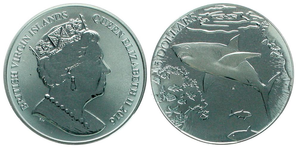  British Virgin Islands: Elisabeth II.,  5 Dollar 2016, Zitronenhai, blaugraues Titan, selten!   