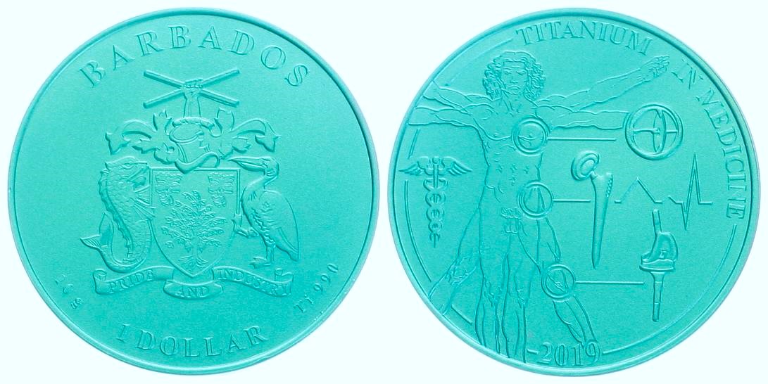  Barbados: 1 Dollar 2019 Titan in der Medizin, blaues Titan, stgl, SELTEN!   