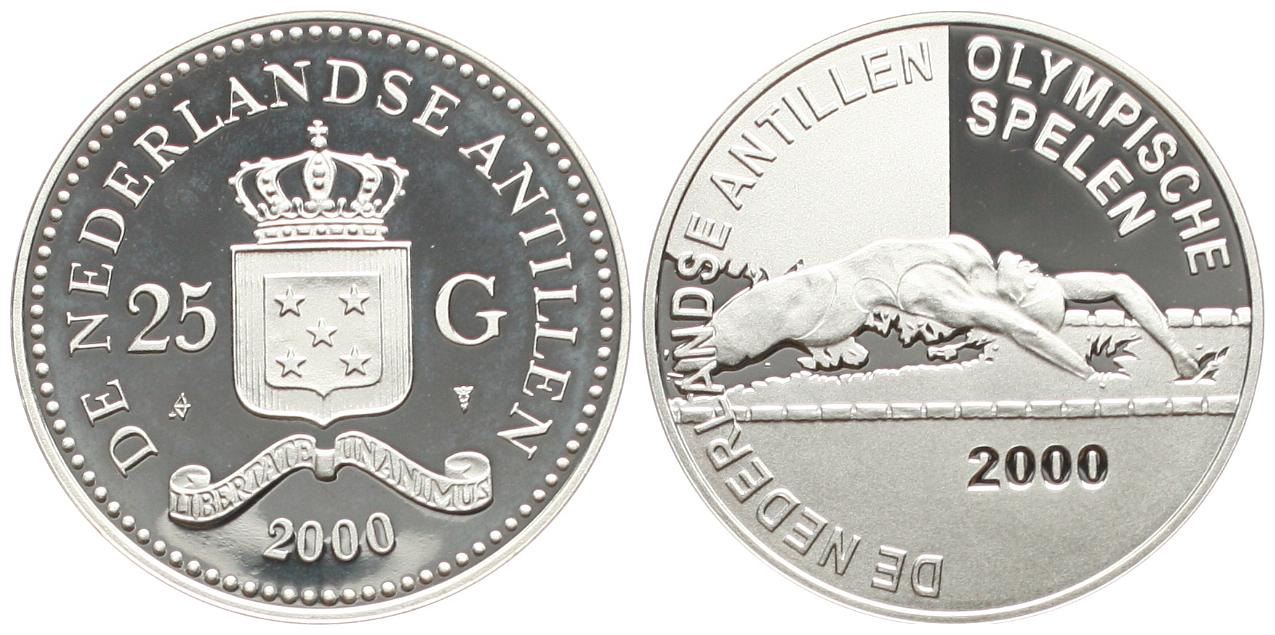  Niederländische Antillen: 25 Gulden 2000, Olymische Schwimmer, SELTEN, geringe Auflage! pp   