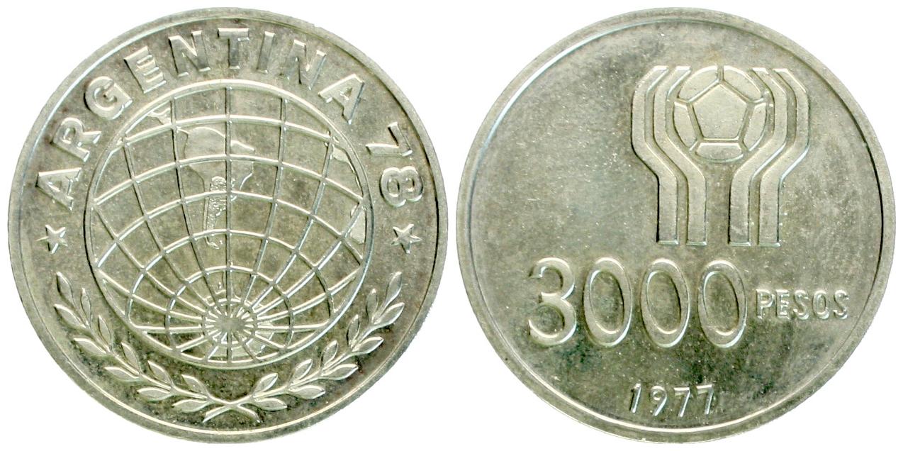  Argentinien: 3000 Pesos 1977, Silber, Fussball WM 1978 in Argentinien   
