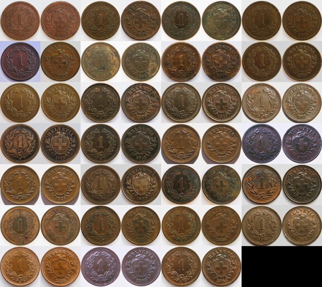  Schweiz 1 Rappen 1895-1941, 27 Stück, dabei 1902 ss, 1904 ss, 1911 vz   