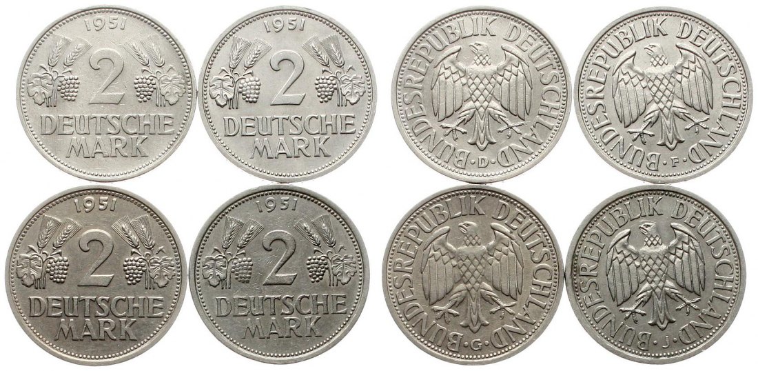  Deutschland: Lot von 4 x 2 Mark 1951, D,F,G,J (ganze Serie), TOP-Erhaltungen!   