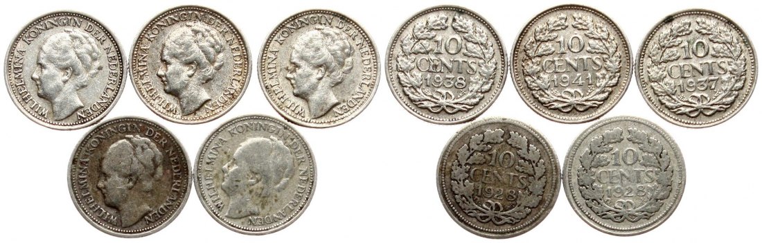  Niederlande: Lot von 5 c 10 Cent, Silber, ab 1928, siehe Bilder!   