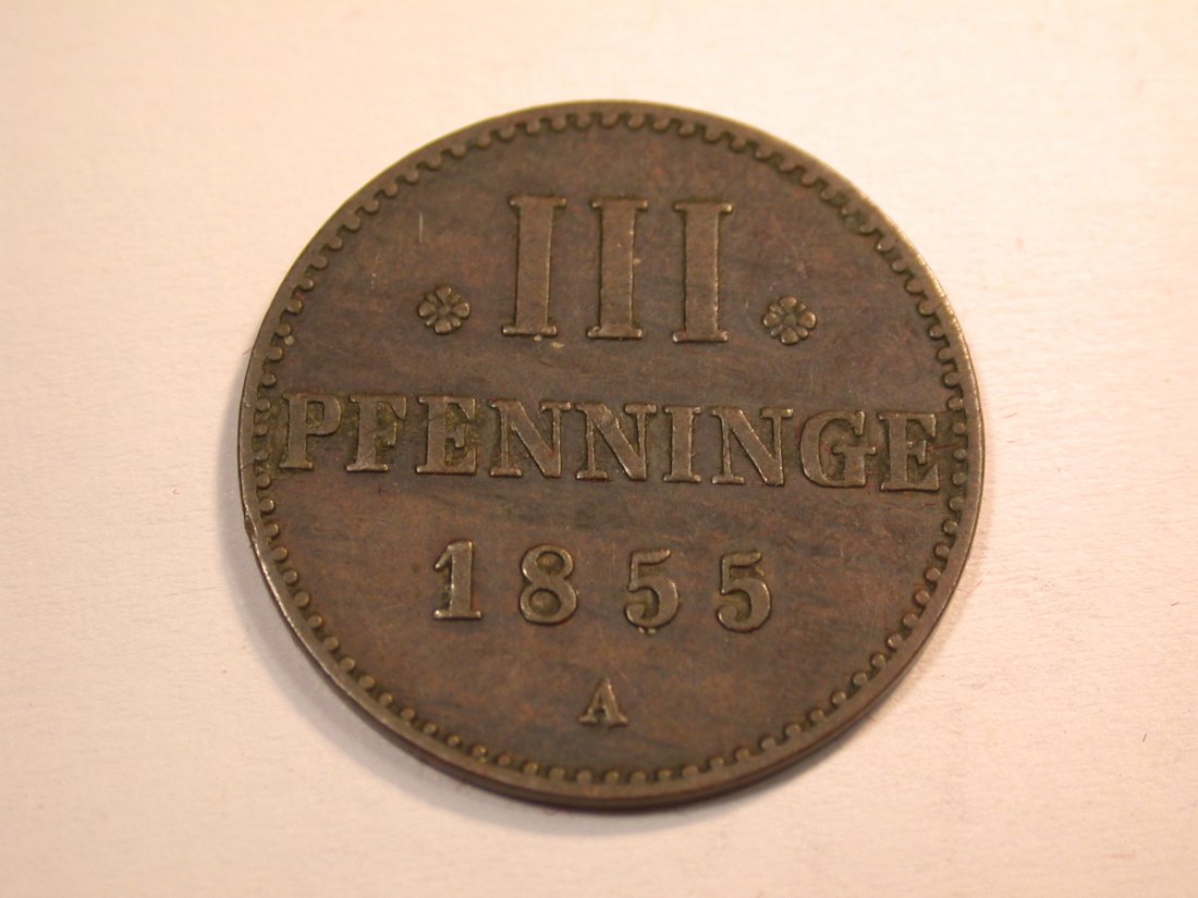  J10  Mecklenburg-Strelitz  3 Pfennig 1855 in ss/ss+   Originalbilder   