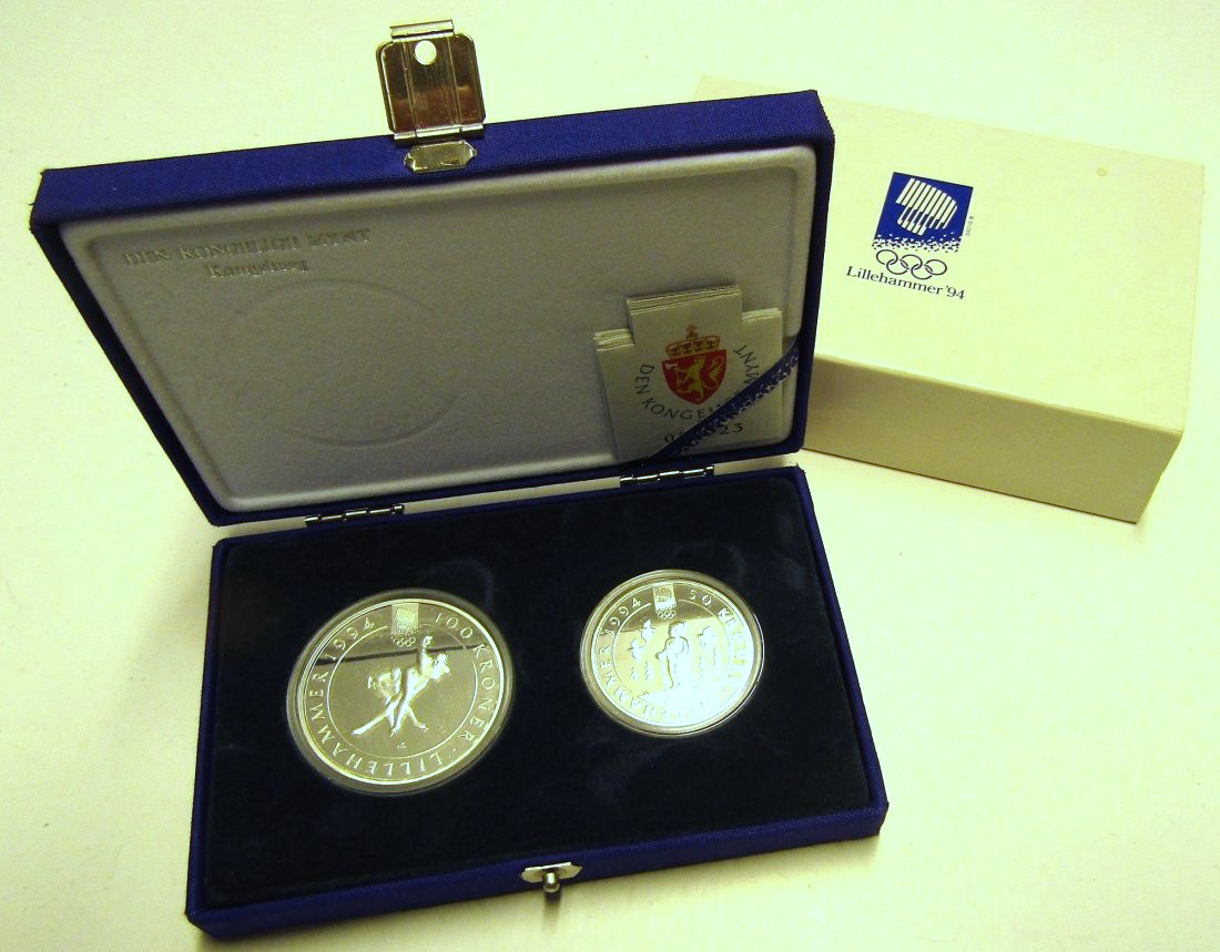  Norwegen: Harald V., 50 & 100 Kroner (Silberpaar Nr. 2), OL Lillehammer, 1,5 Unzen Feinsilber in pp   