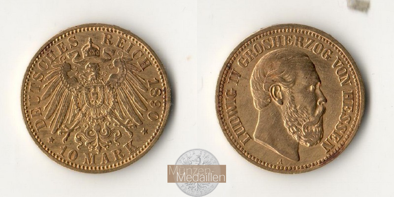 Deutsches Königreich. Hessen MM-Frankfurt Feingewicht: 3,58g Ludwig IV. 1877-1892. 10 Mark 1890 A 