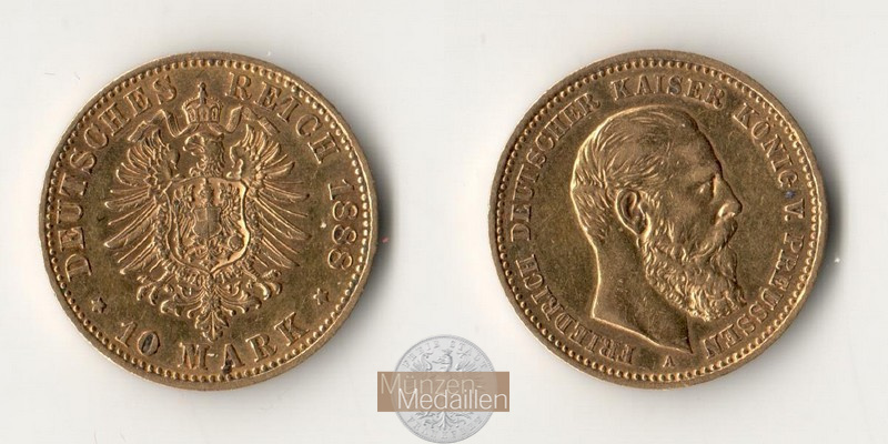 Dt. Kaiserreich Preussen, Friedrich III. MM-Frankfurt Feingewicht: 3,58g Gold 10 Mark 1888 A 