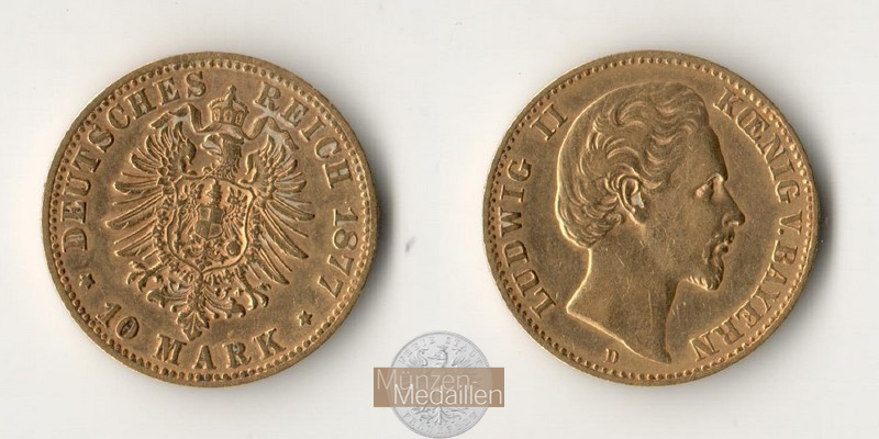 Bayern, Kaiserreich  10 Mark MM-Frankfurt Feingold: 3,58g Ludwig II. 1864-1886 1877 D 