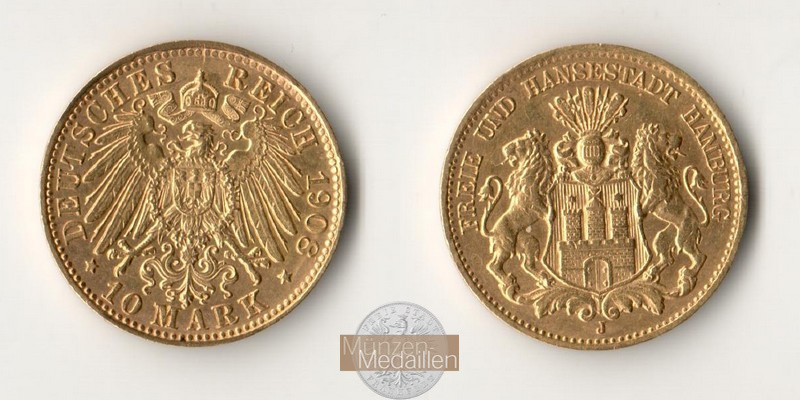 Hamburg, Kaiserreich  10 Mark MM-Frankfurt Feingold: 3,58g Freie und Hansestadt Hamburg 1908 J 