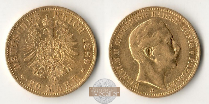 Dt. Kaiserreich. Preussen Wilhelm II. MM-Frankfurt Feingold: 7,17g 20 Mark 1889 A 