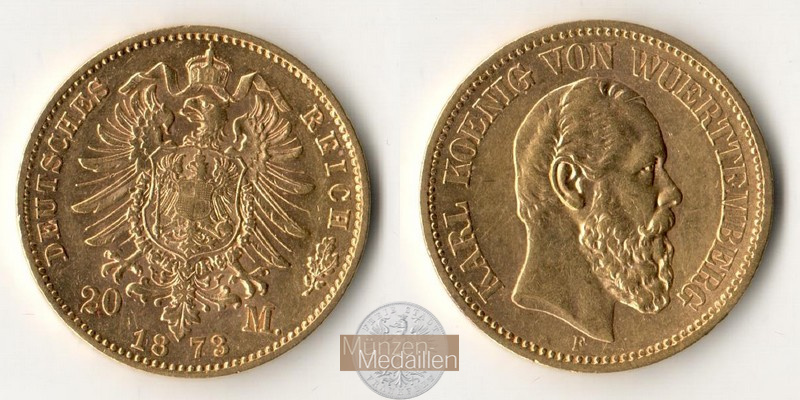 Dt. Kaiserreich Württemberg, Karl I MM-Frankfurt KM#622 Feingold: 7,17g 20 Mark (1872-1873) 1873 F 